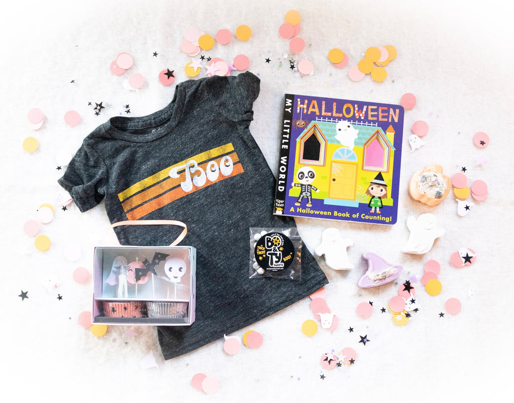 Halloween toddler gift box, Halloween crafts, Halloween books, Halloween baking, Halloween treats, trick or treating ideas, holiday baking, holiday tee shirts, toddler tee shirts, halloween shirts