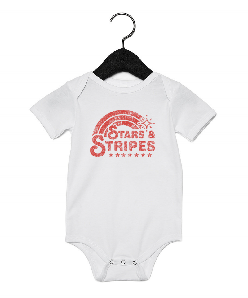 Little Holiday custom Stars & Stripes baby onesie, white organic onesie with red graphics