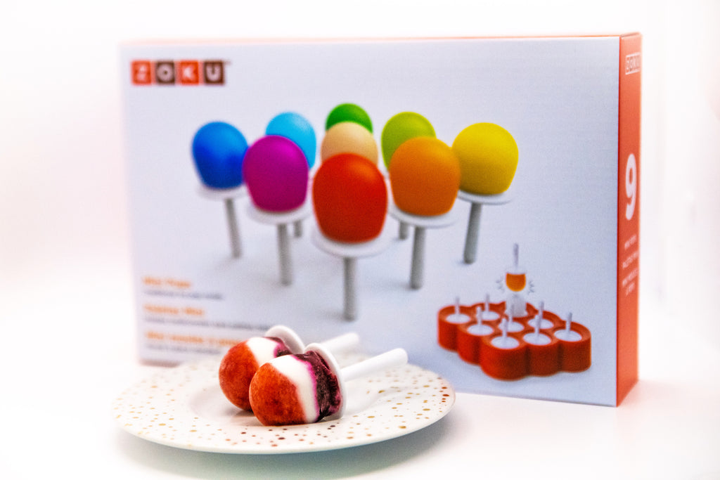 Zoku Mini Pop popsicle mold, featuring red, white and 'blue-berry' popsicles